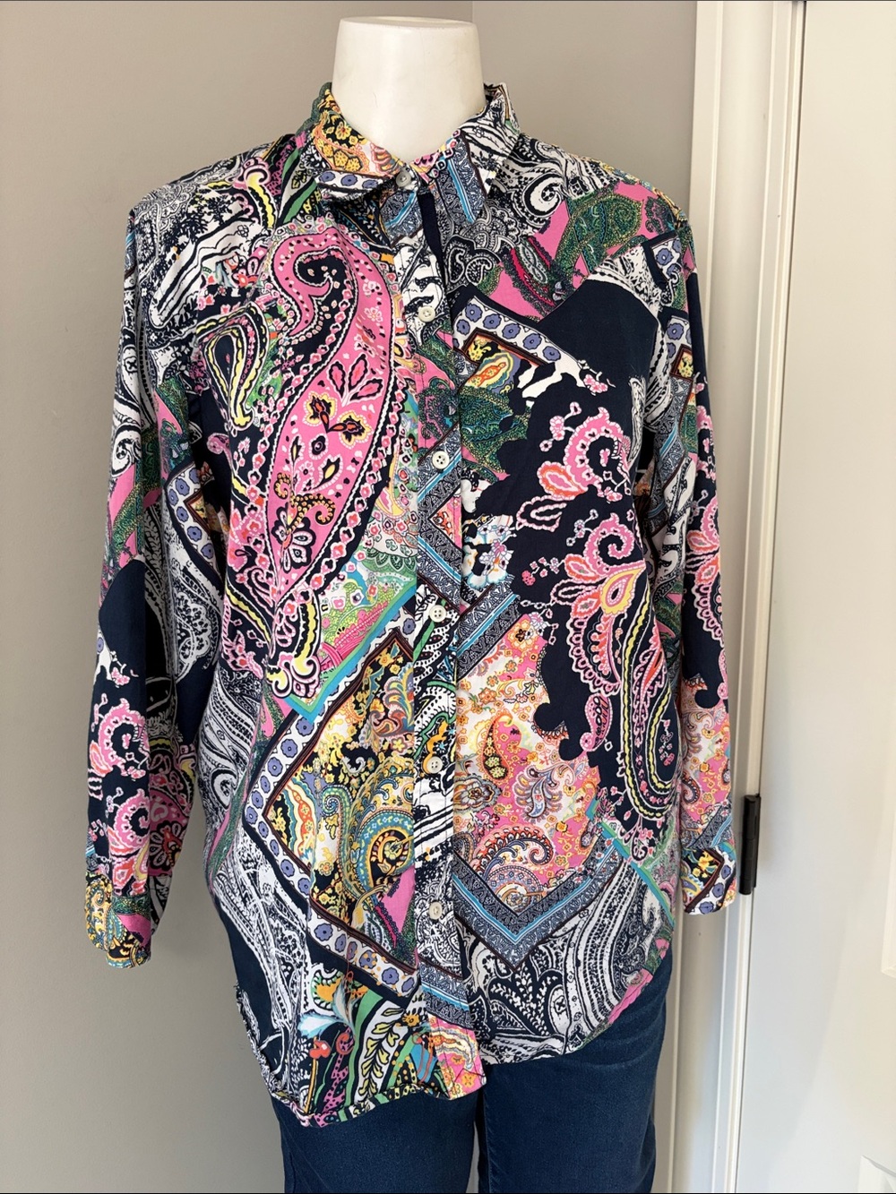 Lauren Ralph Lauren Abstract Patch Shirt Multicolor Long Sleeve Button Up Sz XL